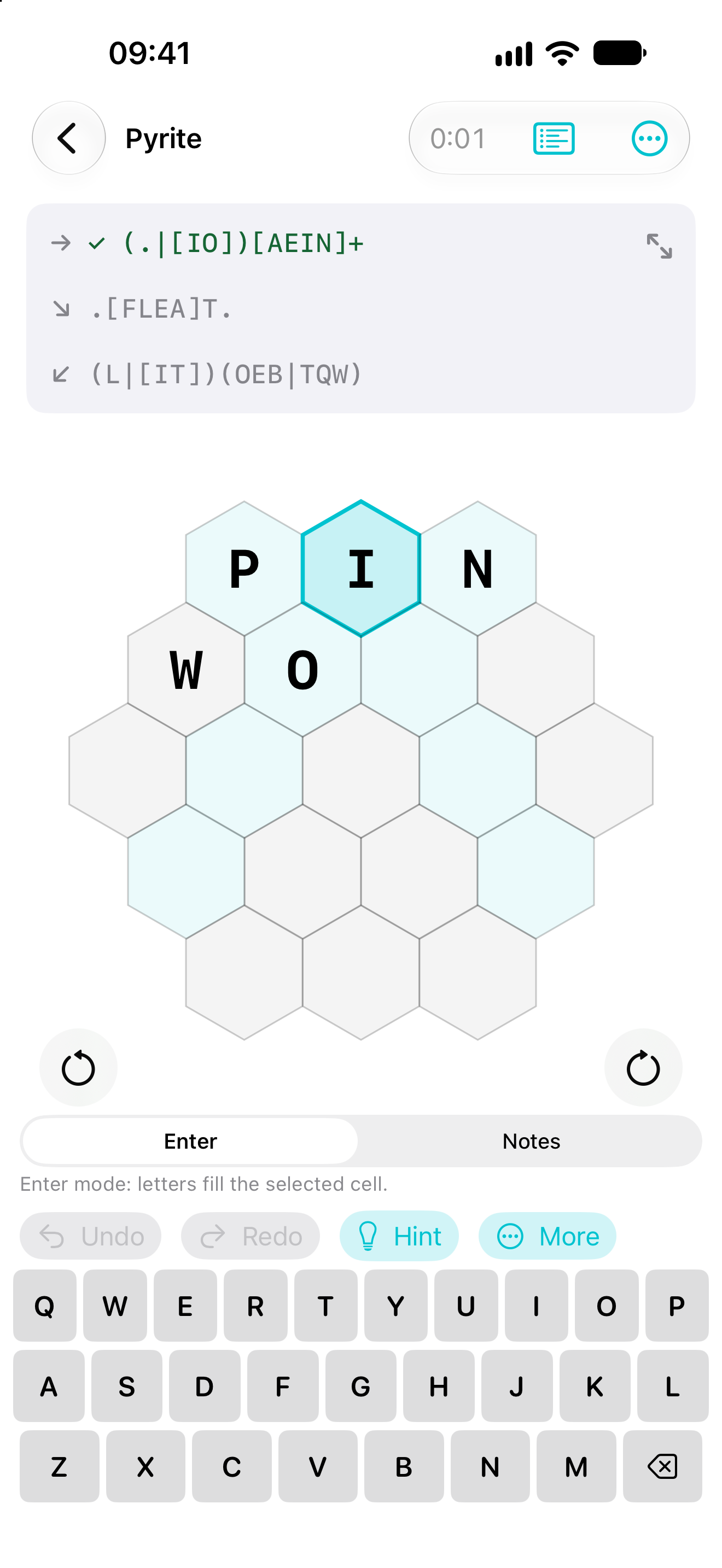 iPhone 1.5 preview: a hexagonal puzzle with live clue feedback and solving tools. Version 1.5 is not yet publicly available.