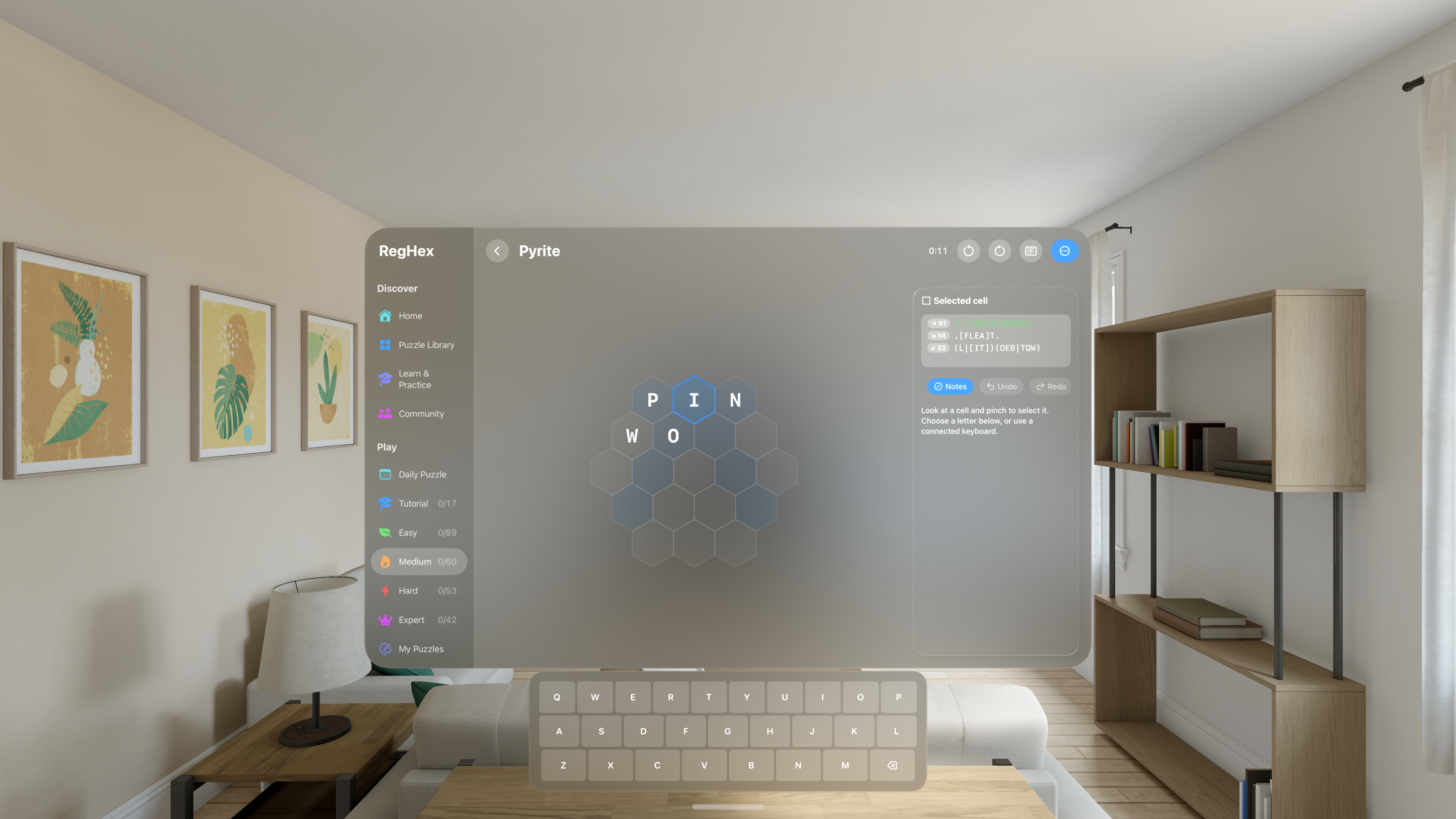 Apple Vision Pro 1.5 preview: a native hexagonal puzzle with selected-cell clues and a floating keyboard. Version 1.5 is not yet publicly available.