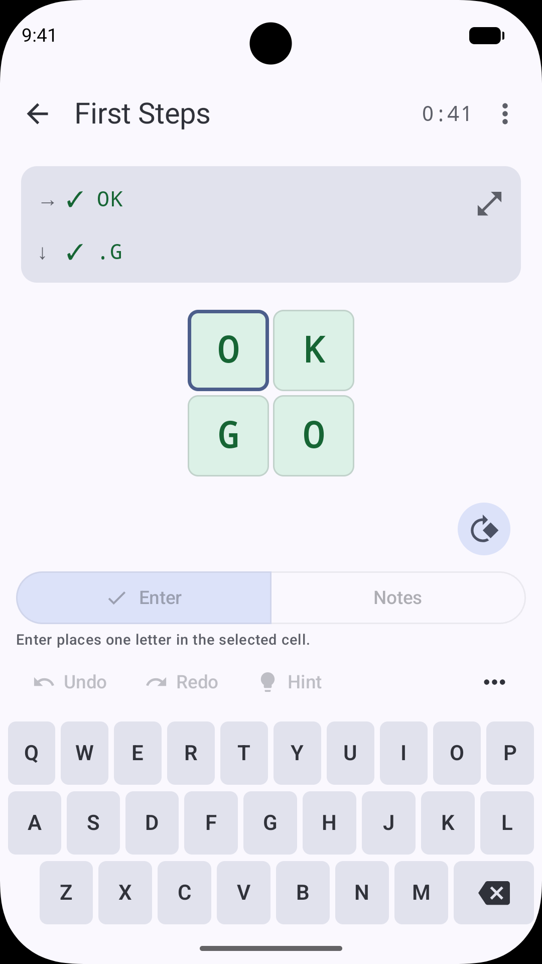 Android: the completed First Steps tutorial with its OKGO board and adaptive Clues control. Available on Google Play.