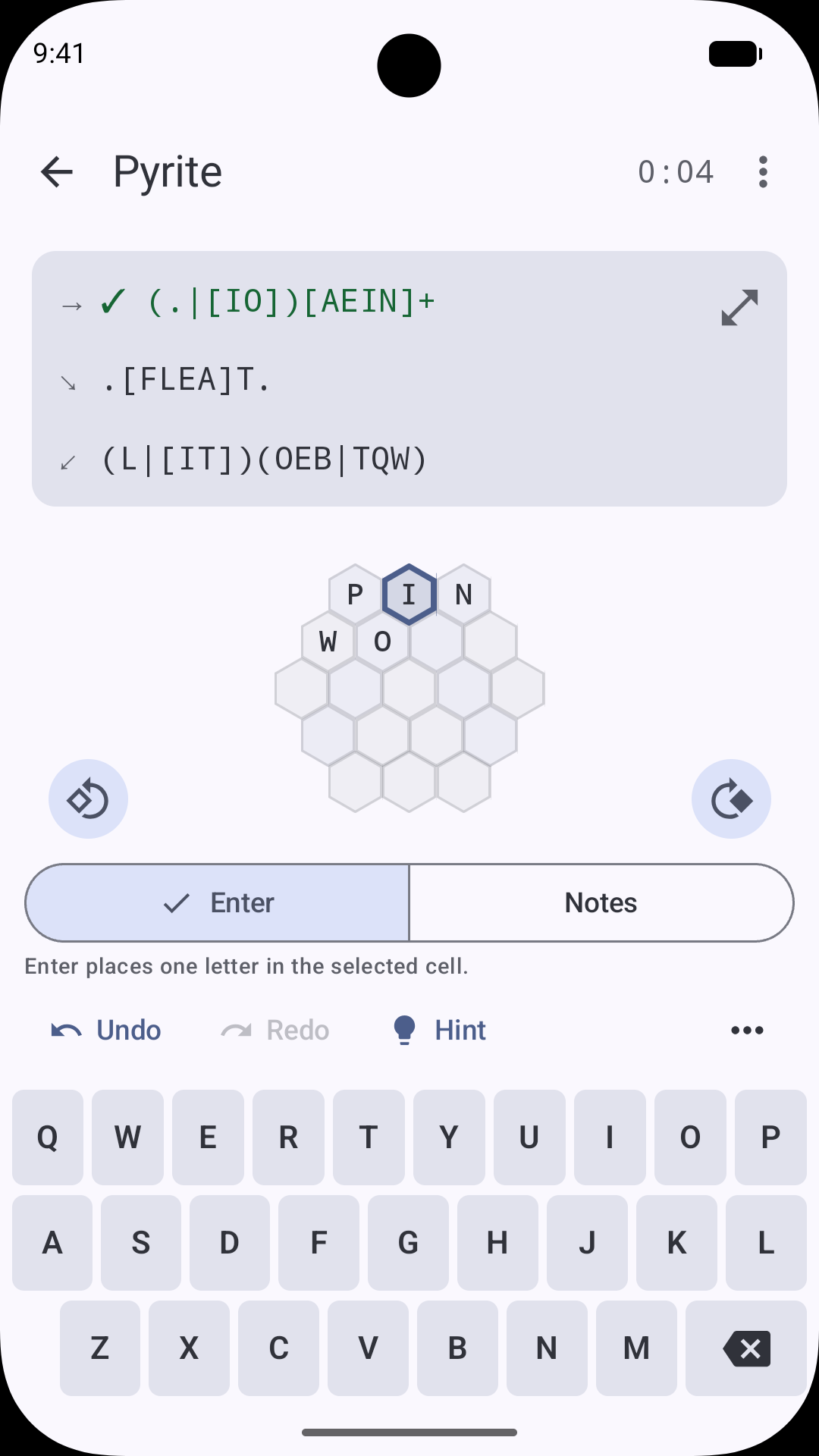 Android: the Pyrite hexagonal puzzle with fictional sample entries and adaptive Clues control. Available on Google Play.
